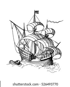 Hand-drawn sketch of sailing ship with boat