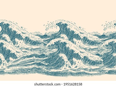 Hand-drawn sketch sea waves. Ocean surfing wave horizontal seamless pattern. Vector illustration.