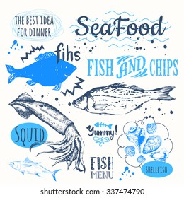Hand-drawn sketch seafood: fish, lobster, clams, squid. Vector illustration on white background. Restaurant menu design. Funny labels.