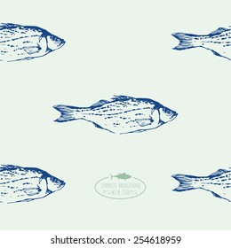 Hand-drawn sketch. Seamless background with fish products. Fish.