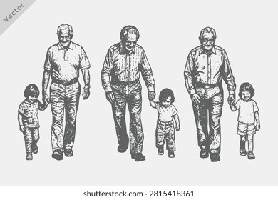 Hand-drawn sketch Senior Man Walking with Shoulder Bag Vector illustration. Elderly Man Couple Walking engraving style. Eps 10