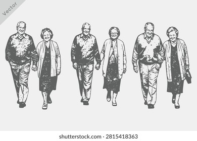 Hand-drawn sketch Senior Man Walking with Shoulder Bag Vector illustration. Elderly Man Couple Walking engraving style. Eps 10