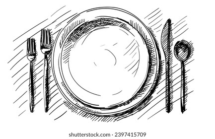 A hand-drawn sketch of the service for the wedding ceremony. Preparation for the wedding ceremony. Plates, knife, spoon, fork. A portion. On a white background