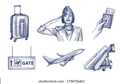 Hand-drawn sketch set of airport attributes. Set includes flight attendant saluting, passport and ticket, plane ladder, plane taking off, suitcase
