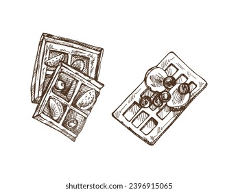 Hand-drawn sketch set of belgium waffles with fresh berries isolated on white background. Vector food drawing. Traditional dessert. Vintage cozy seasonal holidays. Good for menu.