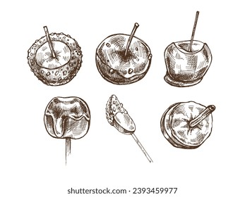 Hand-drawn sketch set of Candy Taffy  and caramel apples with nut sprinkles. Vector drawing. Traditional Christmas, Halloween dessert. Illustration for packaging, label. Vintage holiday design.
