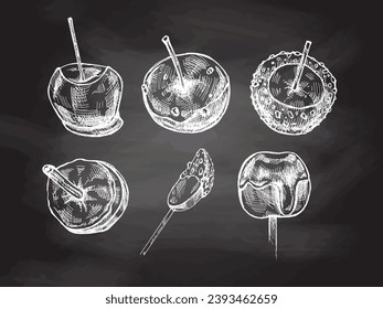 Hand-drawn sketch set of Candy Taffy and caramel apples with nut sprinkles on chalkboard background. Vector. Traditional Christmas, Halloween dessert. Illustration for packaging, label. 
