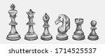 Hand-drawn sketch set of Chess pieces on a white background. Chess. Check mate. King, Queen, Bishop, Knight, Rook, Pawn