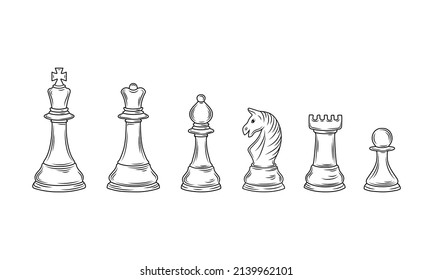 Hand-drawn sketch set of Chess pieces on a white background. Chess. Check mate. King, Queen, Bishop, Knight, Rook, Pawn. Vector icons.