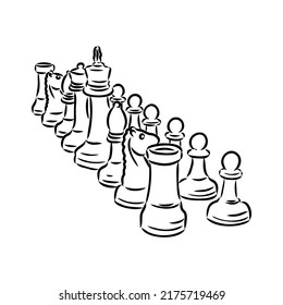 Hand-drawn sketch set of Chess pieces on a white background. Chess. Check mate. King, Queen, Bishop, Knight, Rook, Pawn. Vector icons.