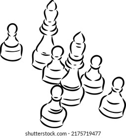 Hand-drawn sketch set of Chess pieces on a white background. Chess. Check mate. King, Queen, Bishop, Knight, Rook, Pawn. Vector icons.