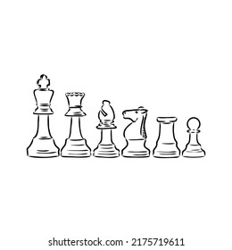 Hand-drawn sketch set of Chess pieces on a white background. Chess. Check mate. King, Queen, Bishop, Knight, Rook, Pawn. Vector icons.