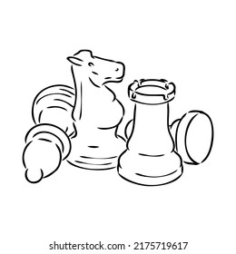 Hand-drawn sketch set of Chess pieces on a white background. Chess. Check mate. King, Queen, Bishop, Knight, Rook, Pawn. Vector icons.