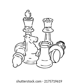 Hand-drawn sketch set of Chess pieces on a white background. Chess. Check mate. King, Queen, Bishop, Knight, Rook, Pawn. Vector icons.