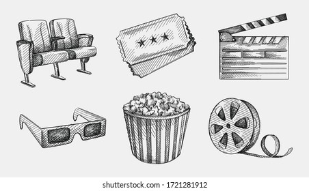 Hand-drawn sketch set of Cinema industry. Going to the cinema. Watching a movie. 3d glasses, two cinema seats, film tape, Clapperboard, two movie tickets, large popcorn cup 