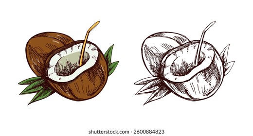 Hand-drawn sketch set of coconuts with a straw, colored and monochrome vintage illustrations