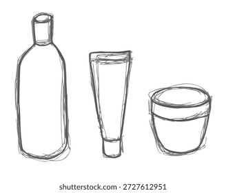 Hand-drawn sketch set of cosmetic packaging.