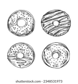 Eine handgezeichnete Skizze einer Reihe von Donuts. Draufsicht. Vintage-Illustration.  Konditorsüßen, Nachtisch. Element für die Gestaltung von Etiketten, Verpackungen und Postkarten.