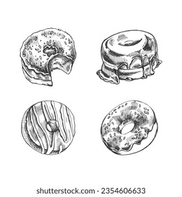 A hand-drawn sketch of a set of donuts. Top view. Vintage illustration. Pastry sweets, dessert. Element for the design of labels, packaging and postcards.