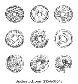 A hand-drawn sketch of a set of donuts. Top view. Vintage illustration. Pastry sweets, dessert. Element for the design of labels, packaging and postcards.