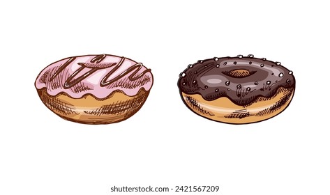 A hand-drawn sketch of a set of donuts. Top view. Vintage illustration. Pastry sweets, dessert. Element for the design of labels, packaging and postcards.