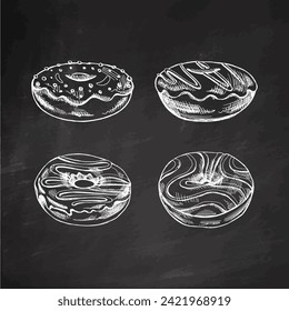 A hand-drawn sketch of a set of donuts. Top view. Vintage illustration on chalkboard background. Pastry sweets, dessert. Element for the design of labels, packaging and postcards.