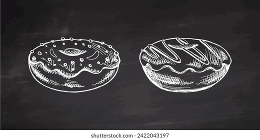 A hand-drawn sketch of a set of donuts. Top view. Vintage illustration on chalkboard background. Pastry sweets, dessert. Element for the design of labels, packaging and postcards.