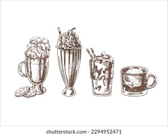 A hand-drawn sketch set of drinks. Coffee with whipped cream and cookies, milkshake with cream, ice cream,  affogato coffee with ice cream on a glass cup.