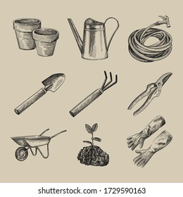 Hand-drawn sketch set of Gardening tools and equipment. Pruning Shears, Watering can, hose; Digging Shovel; Digging Fork; Wheelbarrows; plant with leaves growing in the ground	
