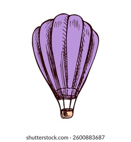 Hand-drawn sketch set of hot air balloons, colored and monochrome vintage illustrations