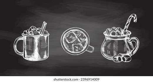 Hand-drawn sketch set of hot drinks with marshmallows, cinnamon stick and candy cane in mug on chalkboard background. Hot chocolate, cocoa. Traditional Christmas dessert. Vintage cozy holidays.
