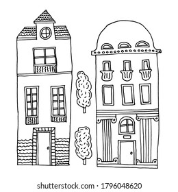 Hand-drawn sketch set of houses and trees.