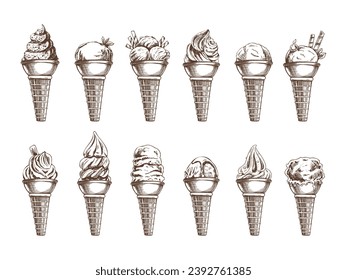 Hand-drawn sketch set of ice cream with different flavors in waffle cones. Element for the design of labels, packaging and postcards.