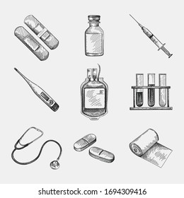 Hand-drawn sketch set of medical patch, plaster, glass bottle, syringe with injection, digital thermometer, blood transfusion bag, medical tubes with liquid, stethoscope, two long pills, bandage roll