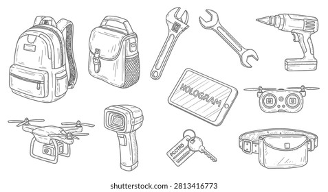 Hand-drawn sketch set of professional equipment and accessories including backpack, power drill, quadcopter drone, wrenches, barcode scanner, tablet, and waist bag on white background.