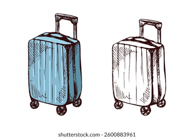 Hand-drawn sketch set of rolling suitcases, colored and monochrome vintage illustrations