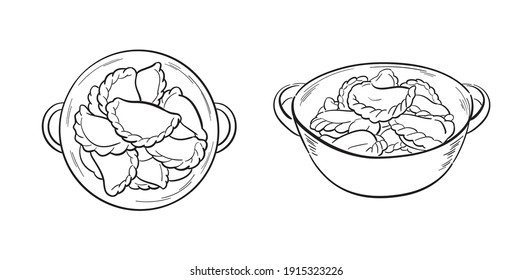 Hand-drawn sketch set of traditional dish from dough and meat. Vector illustration of gyoza in the plate, view from top. Homemade  dumplings, vareniki line art isolated on white background.