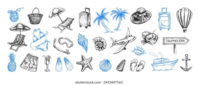 Hand-drawn sketch set of travel icons. Sea Tourism and adventure icons. Сlipart with travelling elements, transport, palm, seashells, luggage, beach, diving equipment.