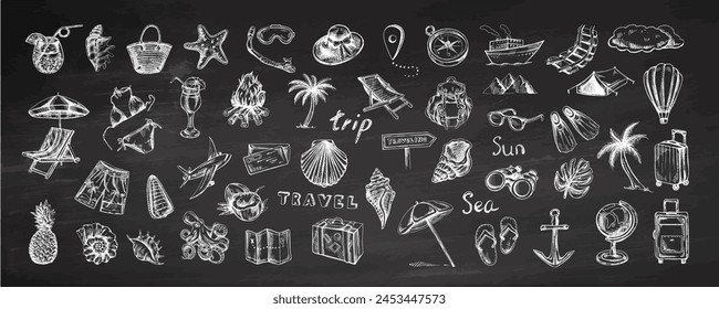 Hand-drawn sketch set of travel icons. Tourism and camping adventure icons on chalkboard background. Сlipart with travelling elements, bags, transport, seashells, bikini.