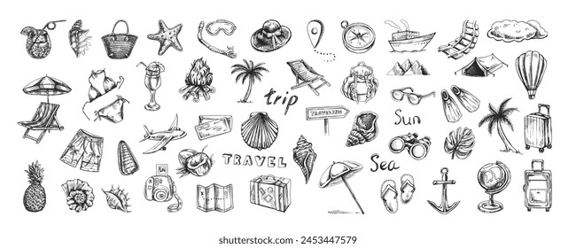 Hand-drawn sketch set of travel icons. Tourism and camping adventure icons. Сlipart with travelling elements, bags, transport, map, palm, seashells, bikini.