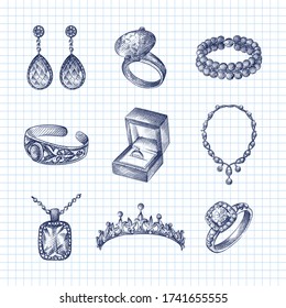 Hand-drawn sketch set of vintage jewellery and bijouterie. Set includes earrings, ring with diamonds, bracelet, necklace, tiara, engagement ring in the box, necklace with pendant, ring with a stone