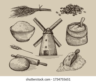 Hand-drawn sketch set of wheat and flour. Wheat and flour production and making. Ears of Wheat; flour in bowl, rolling pin and dough; windmill; shovel wheat grains	
