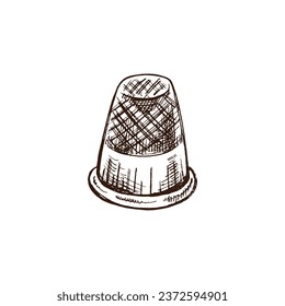 Hand-drawn sketch of sewing thimble. Handmade, sewing equipment concept in vintage doodle style. Engraving style.