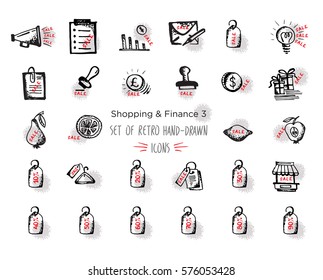 Hand-drawn sketch shopping web icon set - design includes text sale. With emphasis in round spots form. Vector illustrations. Isolated black and red on white background