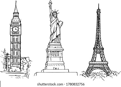 Hand  drawn sketch sights: Statue Liberty  Eiffel Tower   Big Ben