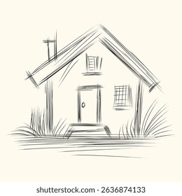 Hand-drawn sketch of a simple house with a pitched roof, chimney, and windows, surrounded by grass, capturing a minimalist and cozy home design.
