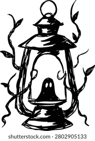 Hand-Drawn Sketch of a Small Ghost Trapped Inside a Vintage Lantern Surrounded by Vining Branches