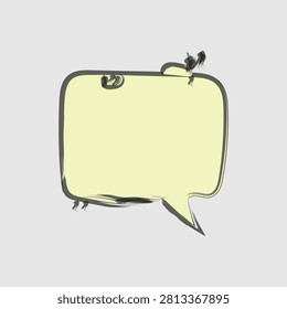 A hand-drawn sketch of a speech bubble with a loop on top, ready for hanging or attaching. Light yellow fill with simple, clean lines.