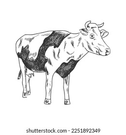 A hand-drawn sketch of a spotted cow. Vintage illustration. Element for the design of labels, packaging and postcards.
