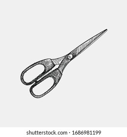 Hand-drawn sketch of stationery scissors on a white background. Stationery Supplies for School and Office. Long stationery scissors